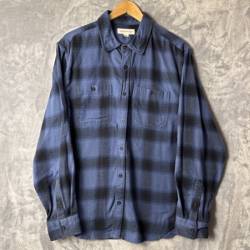 Aeropostale Flannel Shirt Men Medium Blue Black Plaid Cotton Blend Long Sleeve